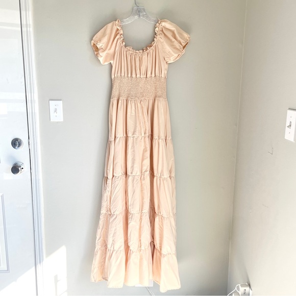 Peach Cottagecore Puff Sleeve Maxi Dress Smocked Waist Tiered Romantic Boho - Picture 2 of 7
